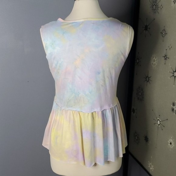 Nwot Pink Lily Rainbow Pastel Tie Dye Peplum Tank Top Shirt Sleeveless Sz S - Picture 3 of 8